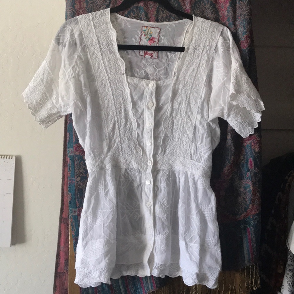 Johnny Was white lace button up top rayon boho